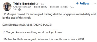 摩根大通黄金交易部门，传于上月底紧急迁至新加坡，50多名交易员及家属在一周内搬家