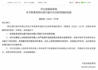 邢台银行行长、2名副行长、董事会秘书的任职资格获批