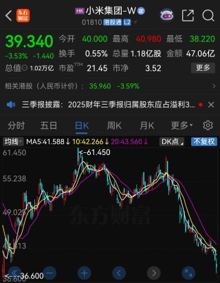 小米集团股价跌破40港元，较6月最高点已跌超30%