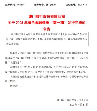 厦门银行：30亿元绿色金融债券发行完毕