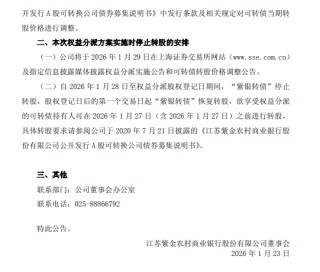 紫金银行：1月28日至权益分派股权登记日期间，“紫银转债”停止转股