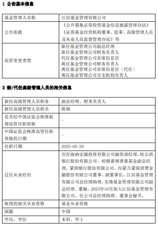 江信基金高管变更：原亮离任 新任陈锦为副总经理、财务负责人、首席信息官