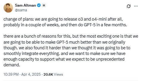 OpenAI首席执行官Sam Altman：可能会在几周内发布o3和o4-mini  第1张