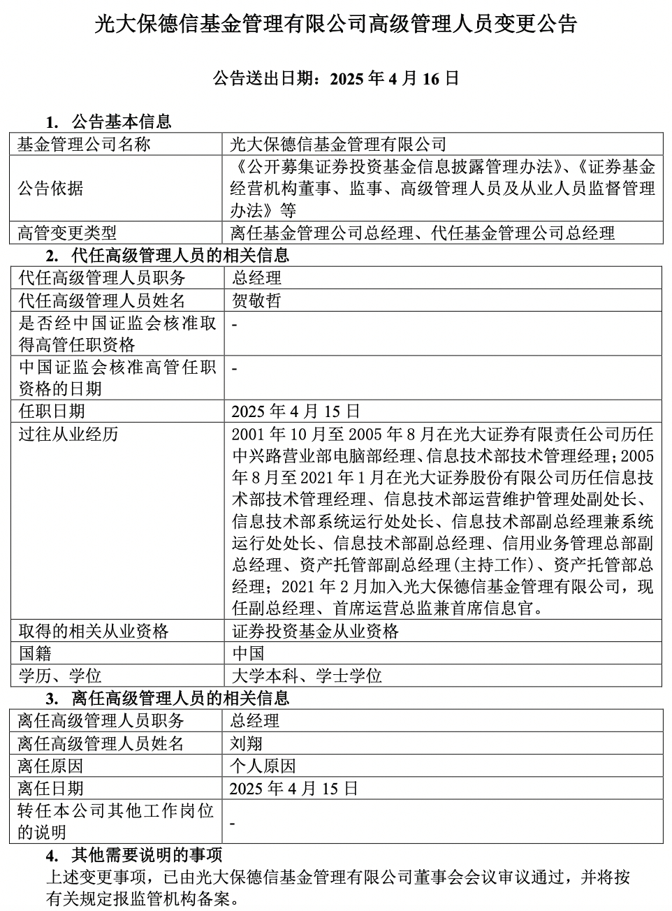 光大保德信基金总经理刘翔离任,年内已有59家公募变更高管 第1张 光大保德信基金总经理刘翔离任,年内已有59家公募变更高管 第1张