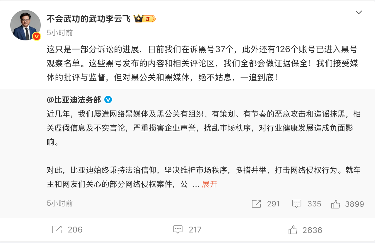 比亚迪李云飞回应黑公关：在诉黑号37个，观察126个  第1张