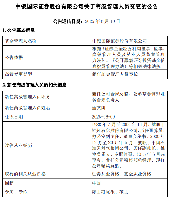中银国际证券新任盖文国为基金管理人督察长 第1张 中银国际证券新任盖文国为基金管理人督察长 第1张