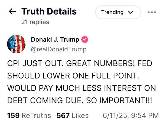 特朗普：CPI数据强劲 美联储应该降息100个基点  第1张