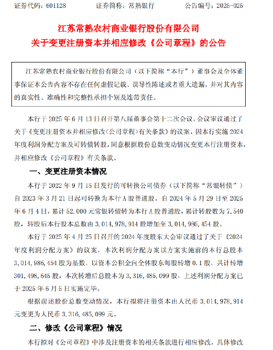 常熟银行：拟将注册资本增加至33.16亿元  第1张
