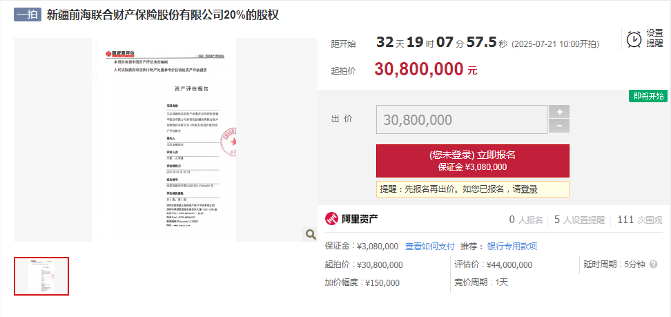 七折起拍!前海财险总经理闪辞,又有20%股权遭拍卖 第1张 七折起拍!前海财险总经理闪辞,又有20%股权遭拍卖 第1张
