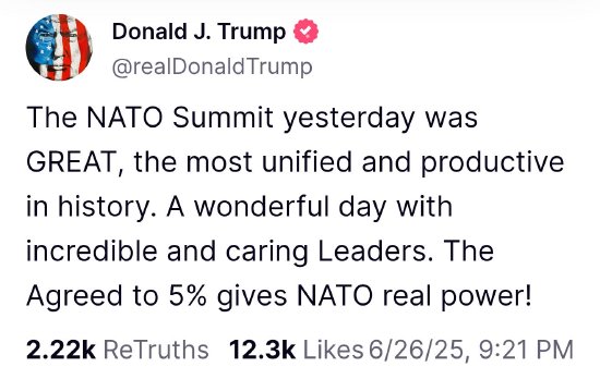 特朗普赞扬北约5%的国防开支承诺 称其赋予北约“真正实力”  第1张