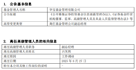华宝基金副总经理吕笑然因工作调动离任  第1张