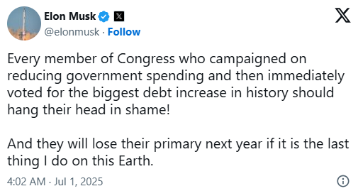 马斯克誓言:若特朗普大而美法案通过,第二天就成立“美国党” 第2张 马斯克誓言:若特朗普大而美法案通过,第二天就成立“美国党” 第2张