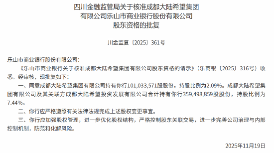 成都大陆希望集团获乐山市商业银行股东资格 合计持股7.44% 第1张 成都大陆希望集团获乐山市商业银行股东资格 合计持股7.44% 第1张