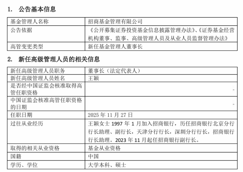 招商基金董事长人选定了!招行副行长王颖兼任 第1张 招商基金董事长人选定了!招行副行长王颖兼任 第1张