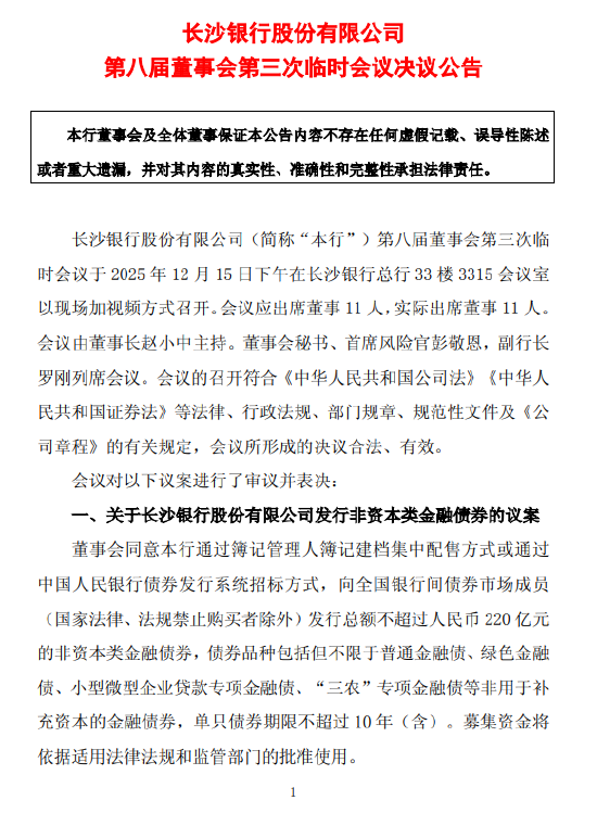 长沙银行:拟发行不超过220亿元的非资本类金融债券 第1张 长沙银行:拟发行不超过220亿元的非资本类金融债券 第1张