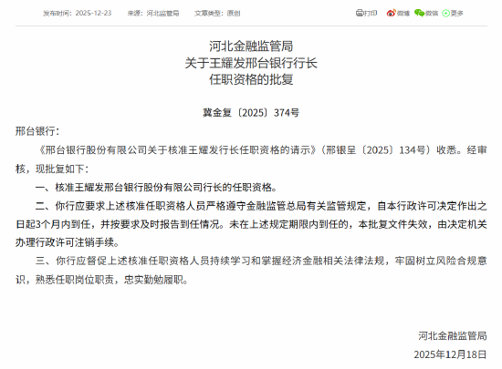 邢台银行行长、2名副行长、董事会秘书的任职资格获批  第1张