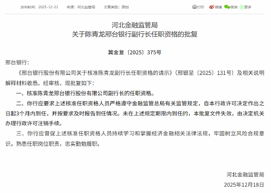 邢台银行行长、2名副行长、董事会秘书的任职资格获批  第2张