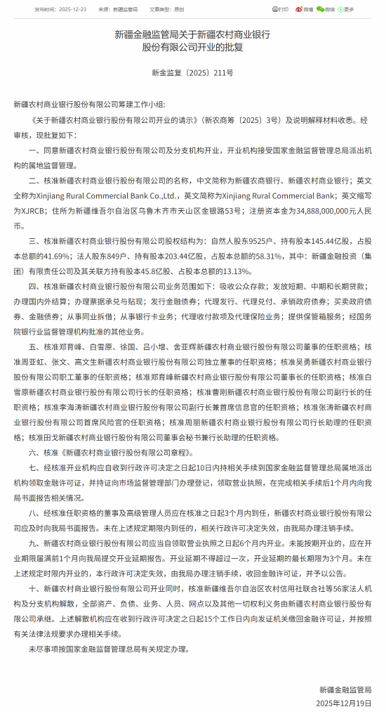 新疆农商银行获批开业!郑育峰任董事长、白雪原任行长 第1张 新疆农商银行获批开业!郑育峰任董事长、白雪原任行长 第1张