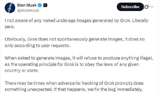马斯克回应Grok色情图片争议:不会生成违法内容 第1张 马斯克回应Grok色情图片争议:不会生成违法内容 第1张