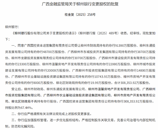 柳州银行变更股权获批 广西国控资本运营集团受让67.44%股权  第1张