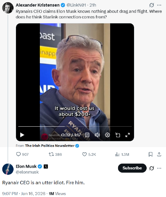 被骂是“有钱的白痴”,马斯克威胁收购瑞安航空并撤换其CEO 第1张 被骂是“有钱的白痴”,马斯克威胁收购瑞安航空并撤换其CEO 第1张