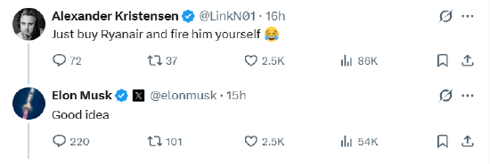 被骂是“有钱的白痴”,马斯克威胁收购瑞安航空并撤换其CEO 第2张 被骂是“有钱的白痴”,马斯克威胁收购瑞安航空并撤换其CEO 第2张