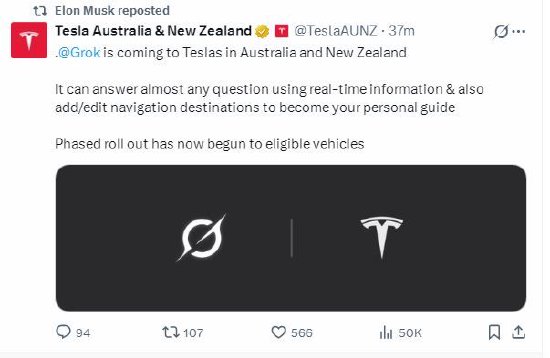 特斯拉开始向澳新地区车主推送Grok服务  第1张