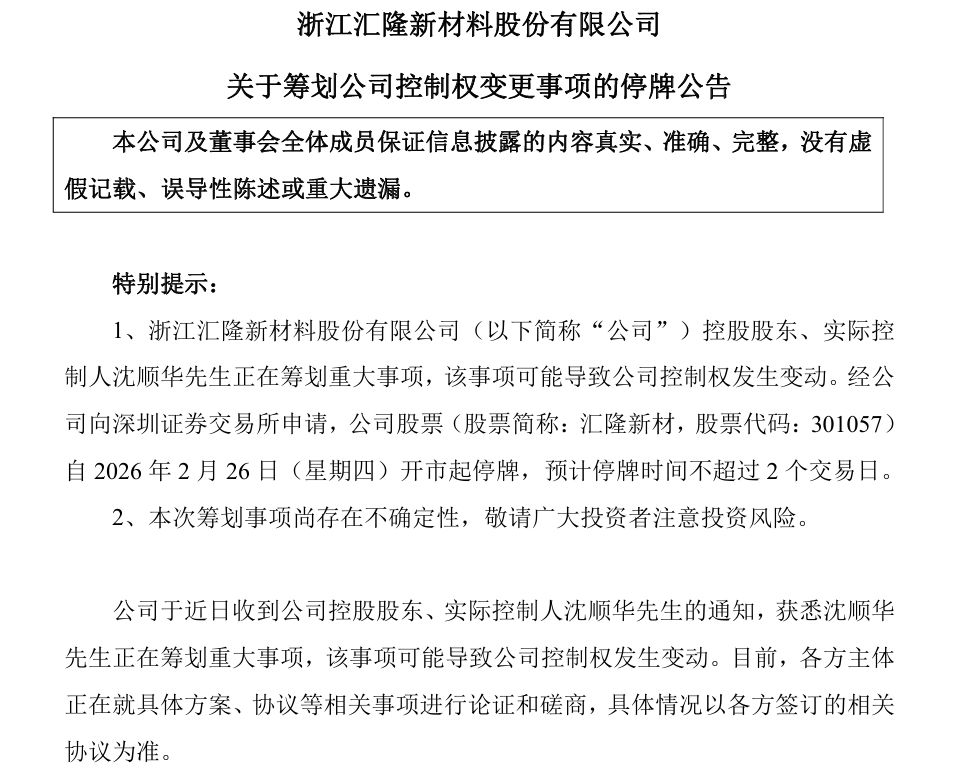 A股公司汇隆新材,筹划公司控制权变更!明起停牌 第1张 A股公司汇隆新材,筹划公司控制权变更!明起停牌 第1张