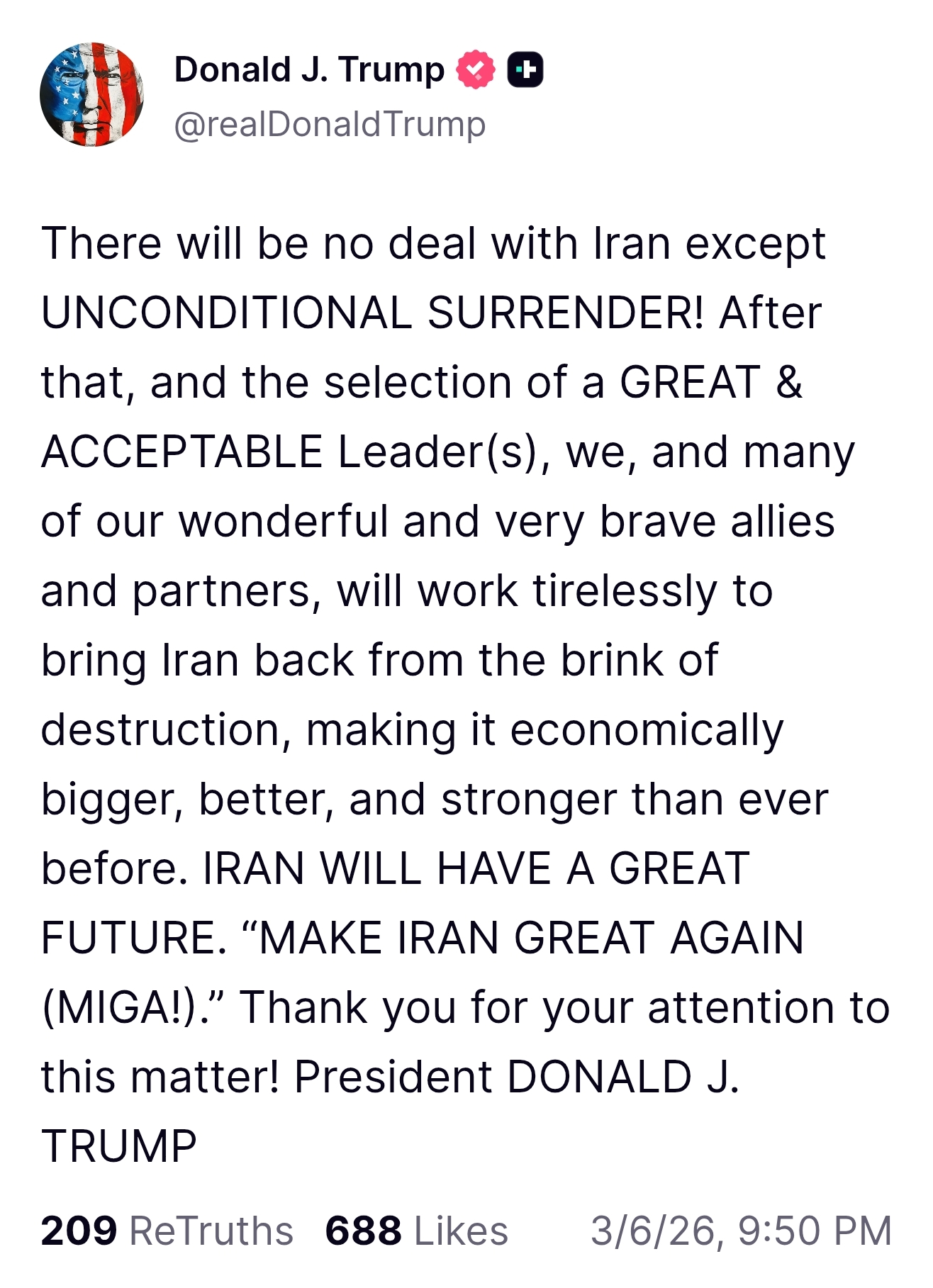 战事持续一周之际 特朗普要求伊朗“无条件投降” 第1张 战事持续一周之际 特朗普要求伊朗“无条件投降” 第1张